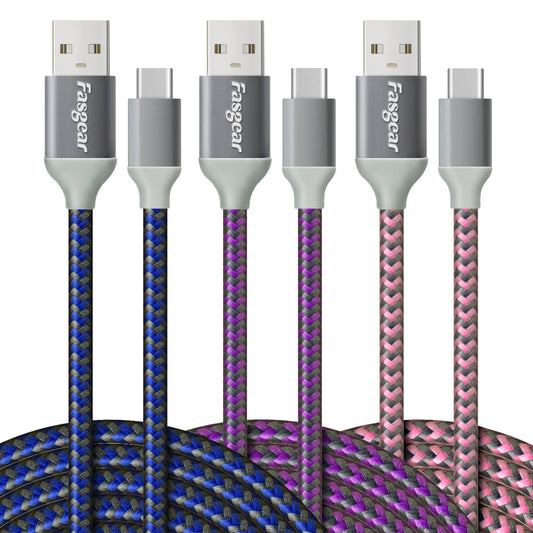 Fasgear USB C to USB A Cables 3 Pack 10ft Long 3A Fast Charging Type C 2.0 Charger Cord Nylon Braided Compatible with Galaxy S20 Note 10 S9 S8 A70 A60