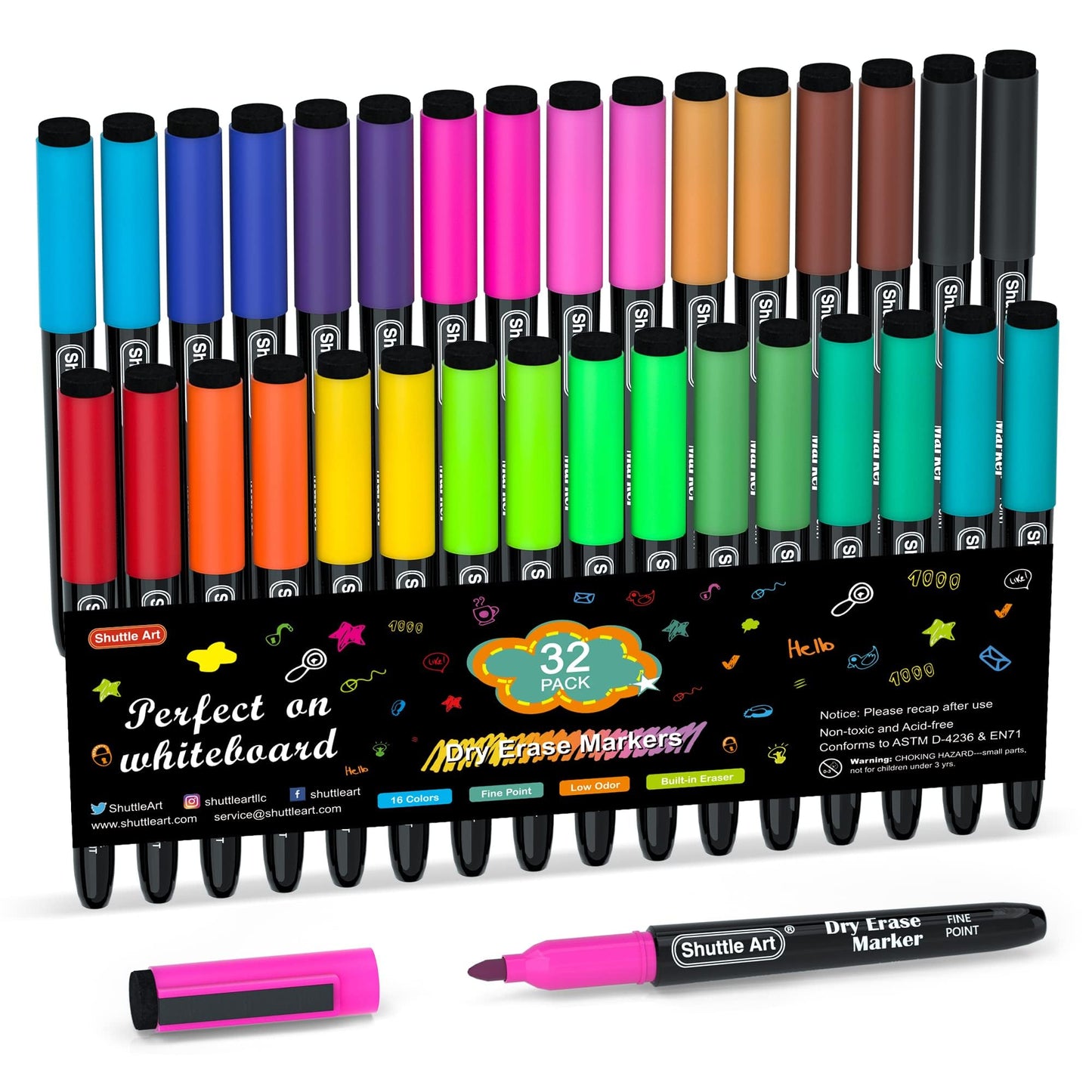Shuttle Art Dry Erase Markers, 32 Pack 16 Colors Magnetic Whiteboard Markers with Erase, Fine Point Dry Erase Markers Perfect For Writing on