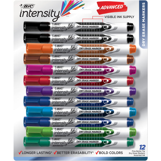 BIC Intensity Advanced Colorful Dry Erase Markers, Bullet Tip, Whiteboard Markers for Teachers and Students, School Supplies, 12-Count Pack