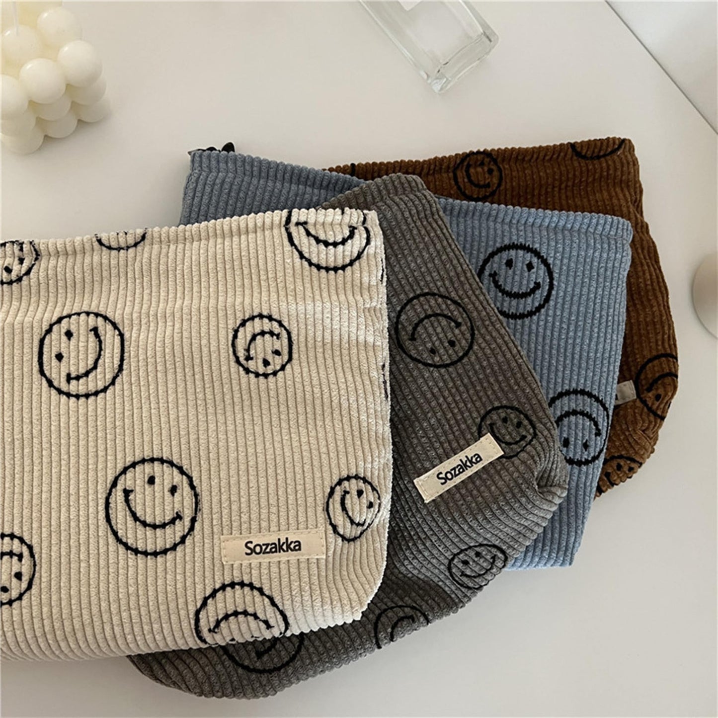 Corduroy Cosmetic Bag for Women – Aesthetic Makeup Organizer Pouch, Smile Dots Travel Storage Bag, Cute Handbag & Purse (Beige)
