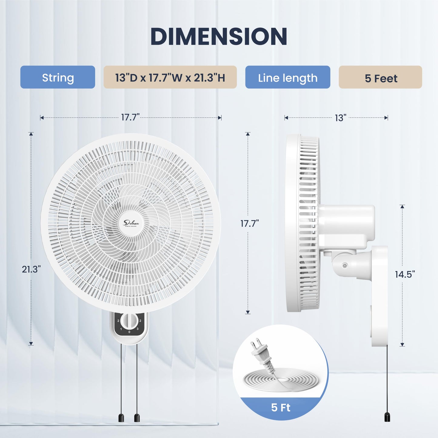 Simple Deluxe 16? Oscillating Wall Mount Fan, 3-Speed Mounted Fan Max 1350 CFM & 18ft/s Powerful Airflow, 80° Horizontal 30° Vertical Tilt, Pull Chain