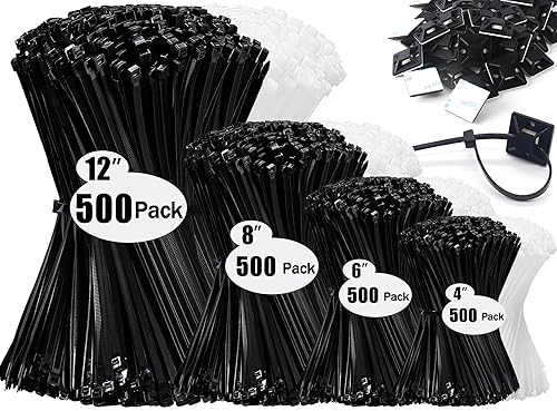 Zip Wire Ties 2100 Pack Small Cable Zip Ties with Cable Mounts Nylon Zip Cable Ties Assorted Sizes 4+6+8+12 Inch, Self-Locking Tie Wraps, UV Resistant