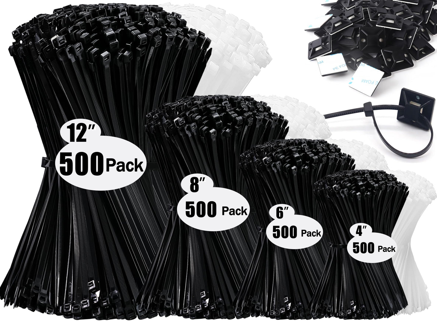 Zip Wire Ties 2100 Pack Small Cable Zip Ties with Cable Mounts Nylon Zip Cable Ties Assorted Sizes 4+6+8+12 Inch, Self-Locking Tie Wraps, UV Resistant