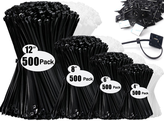 Zip Wire Ties 2100 Pack Small Cable Zip Ties with Cable Mounts Nylon Zip Cable Ties Assorted Sizes 4+6+8+12 Inch, Self-Locking Tie Wraps, UV Resistant