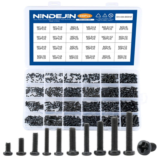 NINDEJIN 650 pcs Laptop Screw Kit, Replacement Computer Notebook Miniature Screws, M1.4 M1.7 M2 M2.5 M3 Note PC Motherboard Round Pan Head Phillips