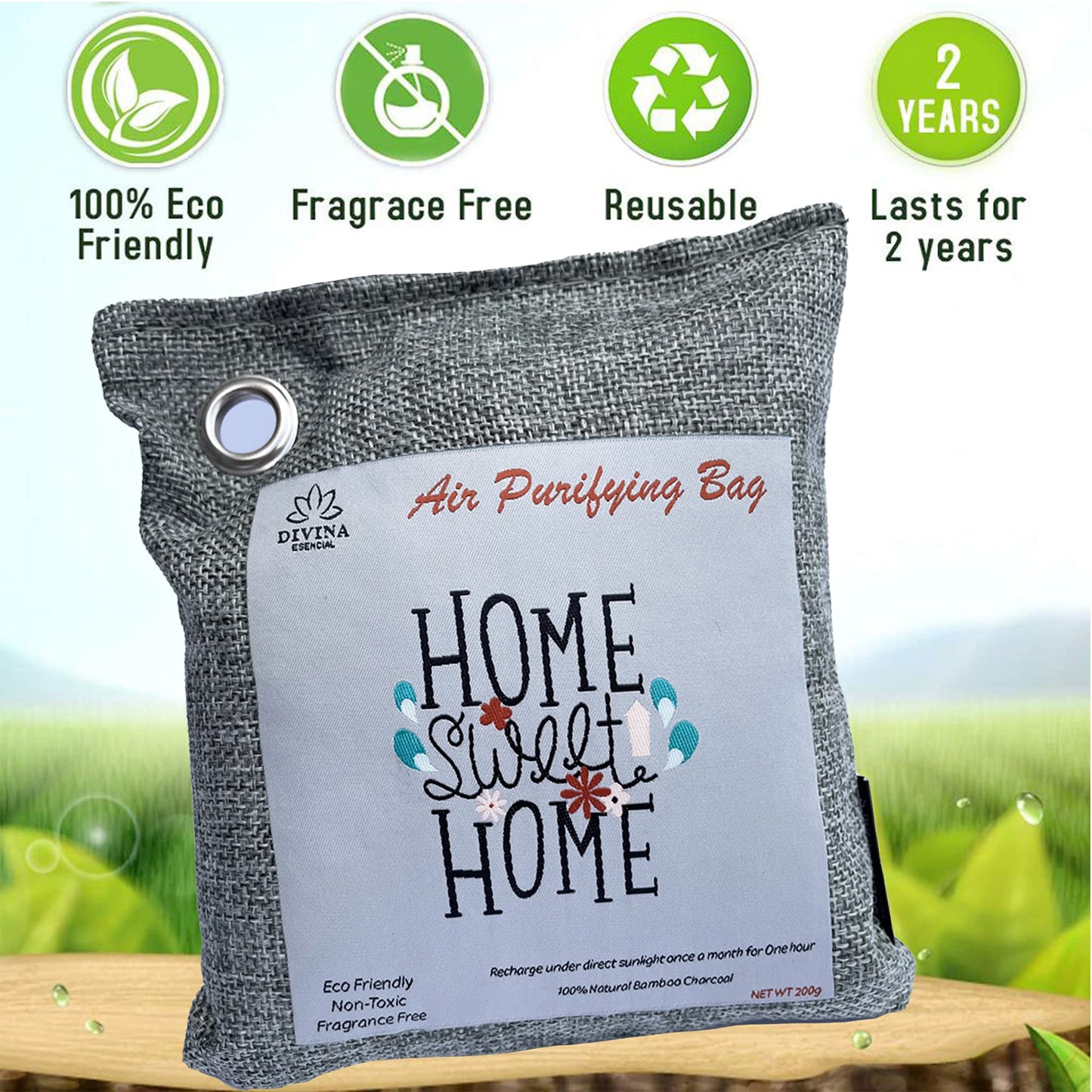 Divina Esencial Bamboo Charcoal Air Purifying (Bag 4X200g), Removes Odors and Moisture, Nature Fresh Air Purifier Bags, Odor Eliminator for Home, Car