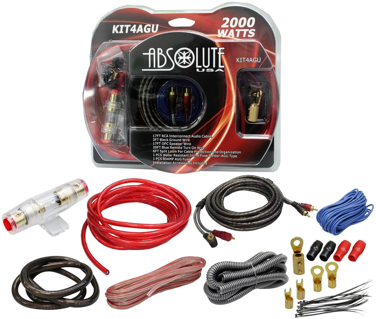 Absolute KIT4AGU PRO Marine Auto Car RV Amplifier Complete Installation Amp Kit