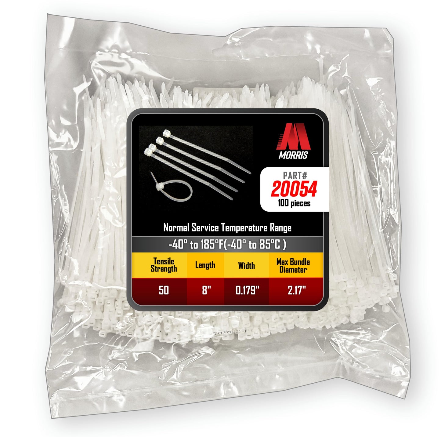 Morris Nylon Cable Ties Ð 8-Inch Ð 50 lb. Tensile Strength Zip Ties, UL-Approved Nylon 6/6 Wire Ties, Heat & Flame Resistant, Professional Cable