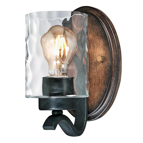 6331600 Barnwell One-Light Indoor Wall Fixture, Textured Iron and Barnwood Finish with Clear Hammered Glass
