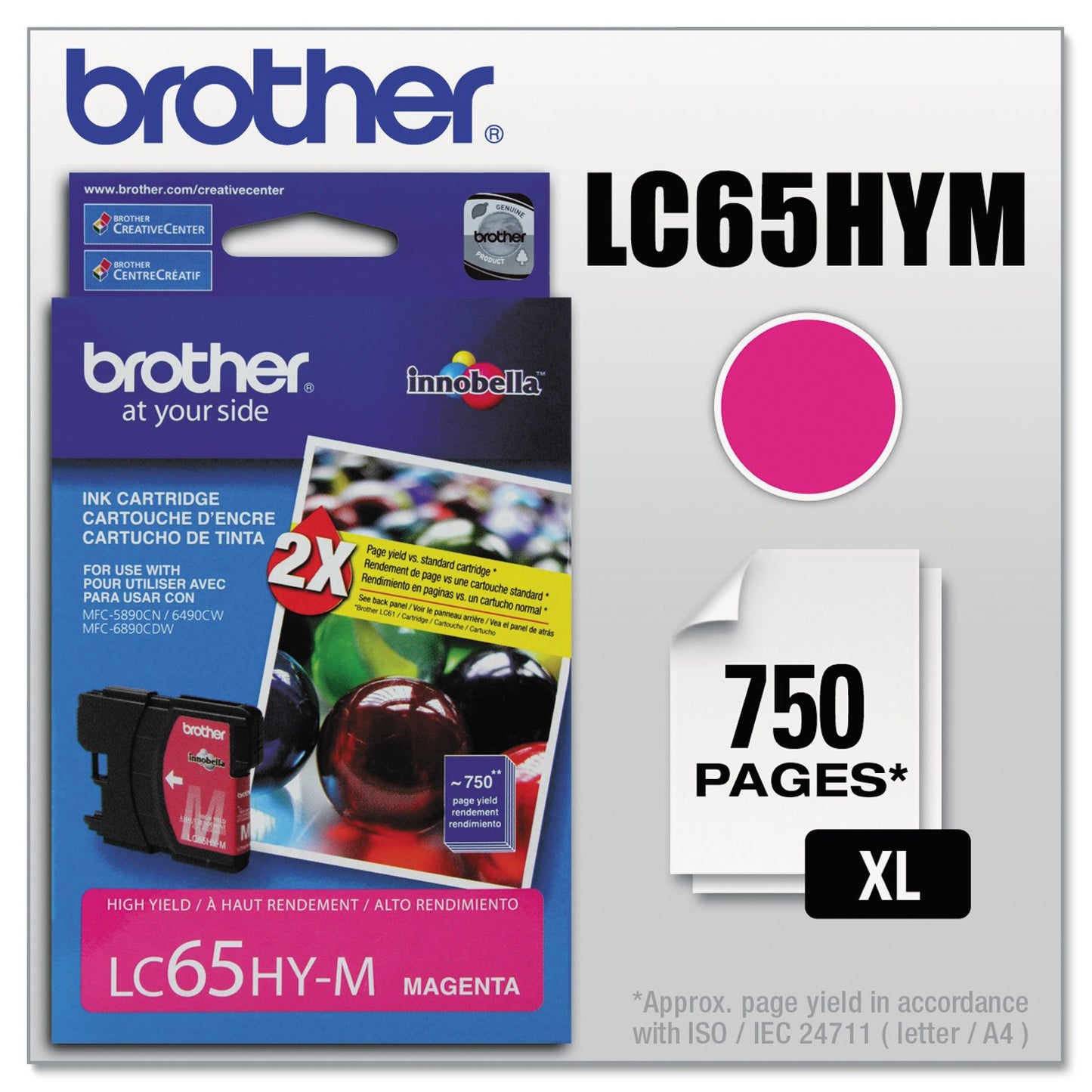 Brother LC65HYM High-Yield -Ink Cartridge, 750 Page-Yield, Magenta