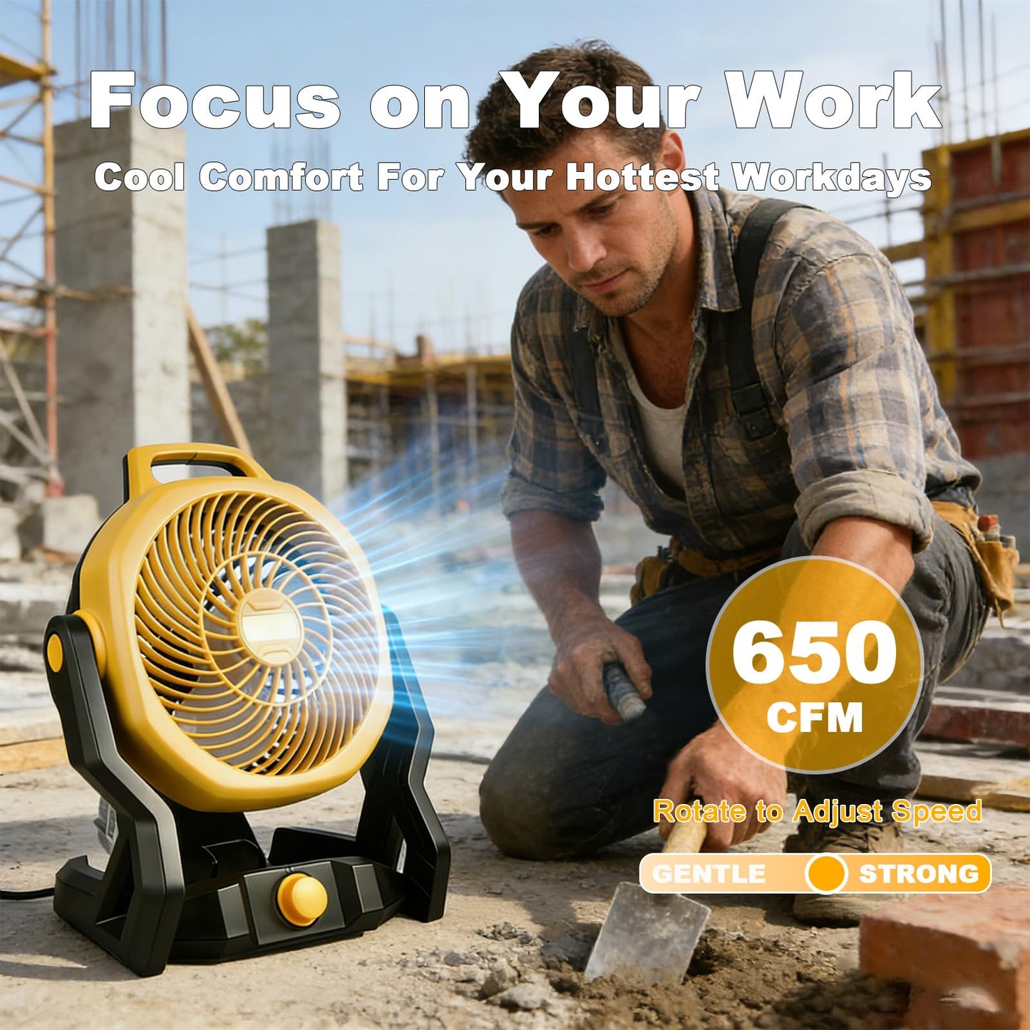 WeToolGoo Cordless Brushless Jobsite Fan Compatible with Dewalt 20V Max Battery, Battery Powered Fan 650 CFM Variable Speed, or AC Power for Outdoor
