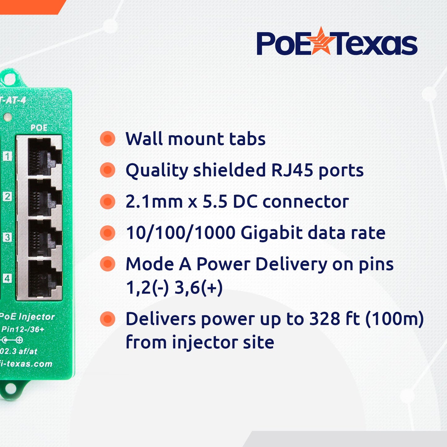 PoE Texas 4 Port PoE/PoE+ Injector with 56V 120W Power Supply - Gigabit Injector - Active Mode A Power Over Ethernet Multi Port PoE Adapter - Supports