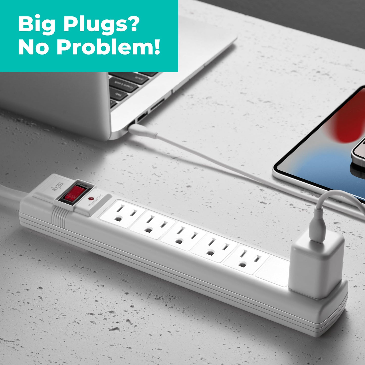 KMC 6-Outlet Surge Protector Power Strip, 2-Pack, 1200 Joules, 6ft Cord, Adapter Spaced Outlet, Overload Protection, White