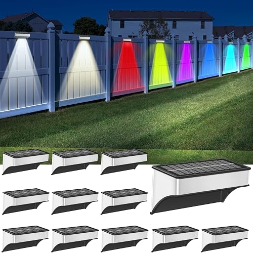 Solar Fence Lights Outdoor 12 Pack, LED Step Lights with 9 Lighting Options, Stainless Steel & IP65 Waterproof, Dusk to Dawn, Solar-Powered Wall Lamps