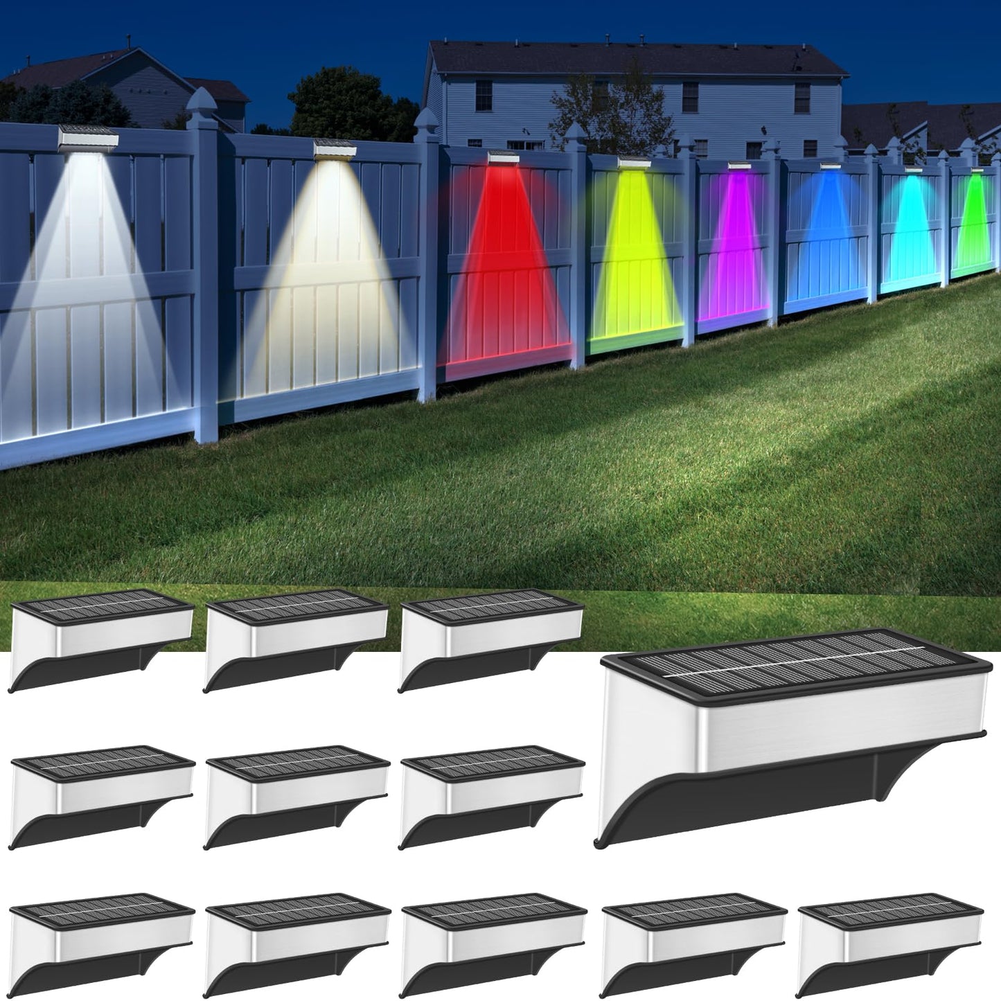 Solar Fence Lights Outdoor 12 Pack, LED Step Lights with 9 Lighting Options, Stainless Steel & IP65 Waterproof, Dusk to Dawn, Solar-Powered Wall Lamps