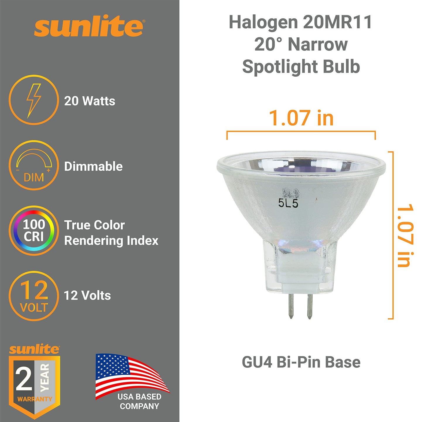 Sunlite 40754 Halogen MR11 20° Narrow Spot Light Bulb, 20 Watts, 12 Volts, 2-Pin (GU4) Base, Dimmable, 100 CRI, 2,000 Hour Life Span, 6 Pack 3200K