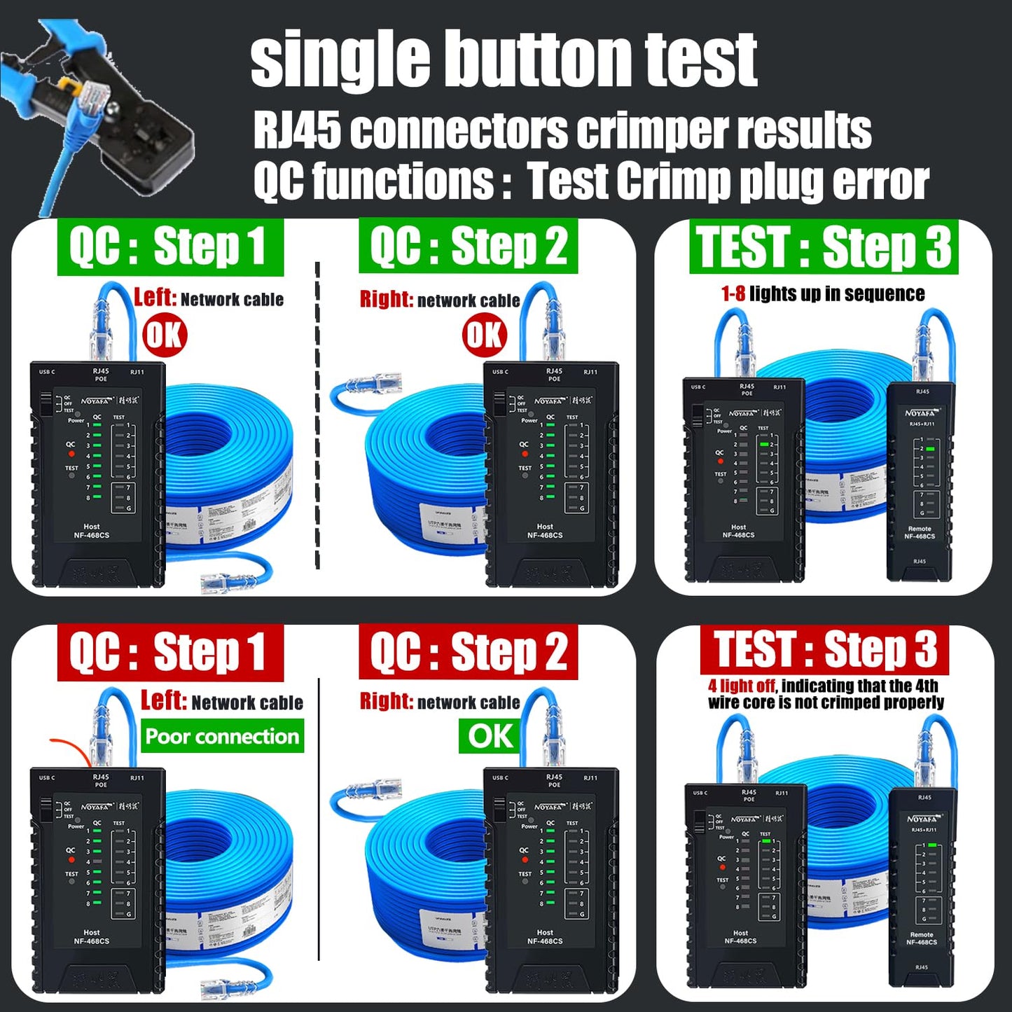 YILTION NF-468CS Network Cable Tester Telephone & Continuity Tester Ethernet Cable Mapper for RJ45/RJ11/RJ12/CAT5/CAT6/POE Test UTP/STP Network Test