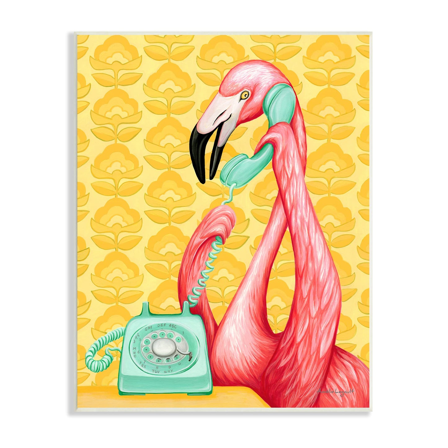 Stupell Industries Flamingo Calling Dial Telephone Groovy Flowers Wallpaper, Design by Amelie Legault