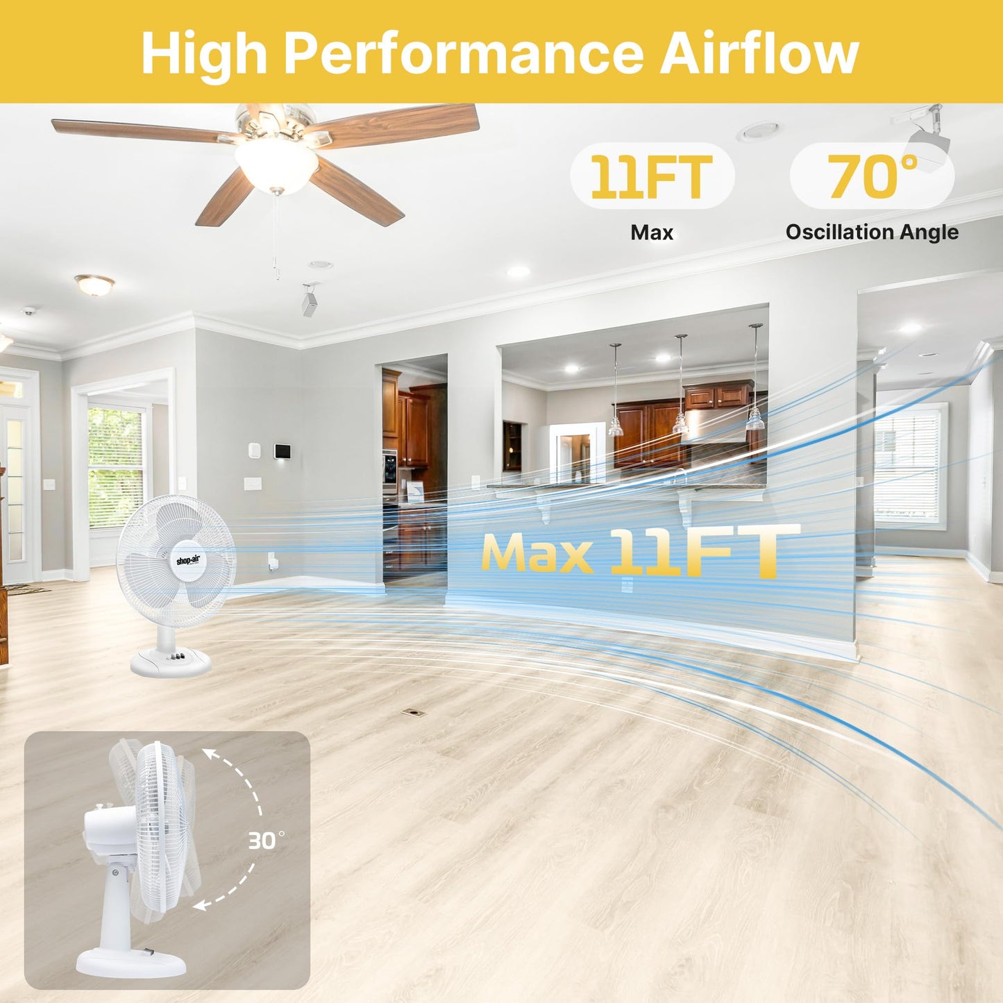 Shop-Air 16" Oscillating Table Fan, 3 Speeds, High-Velocity, Quiet & Powerful Air Circulation, 70° Adjustable Head Tilt,Ideal for Home, Bedroom or
