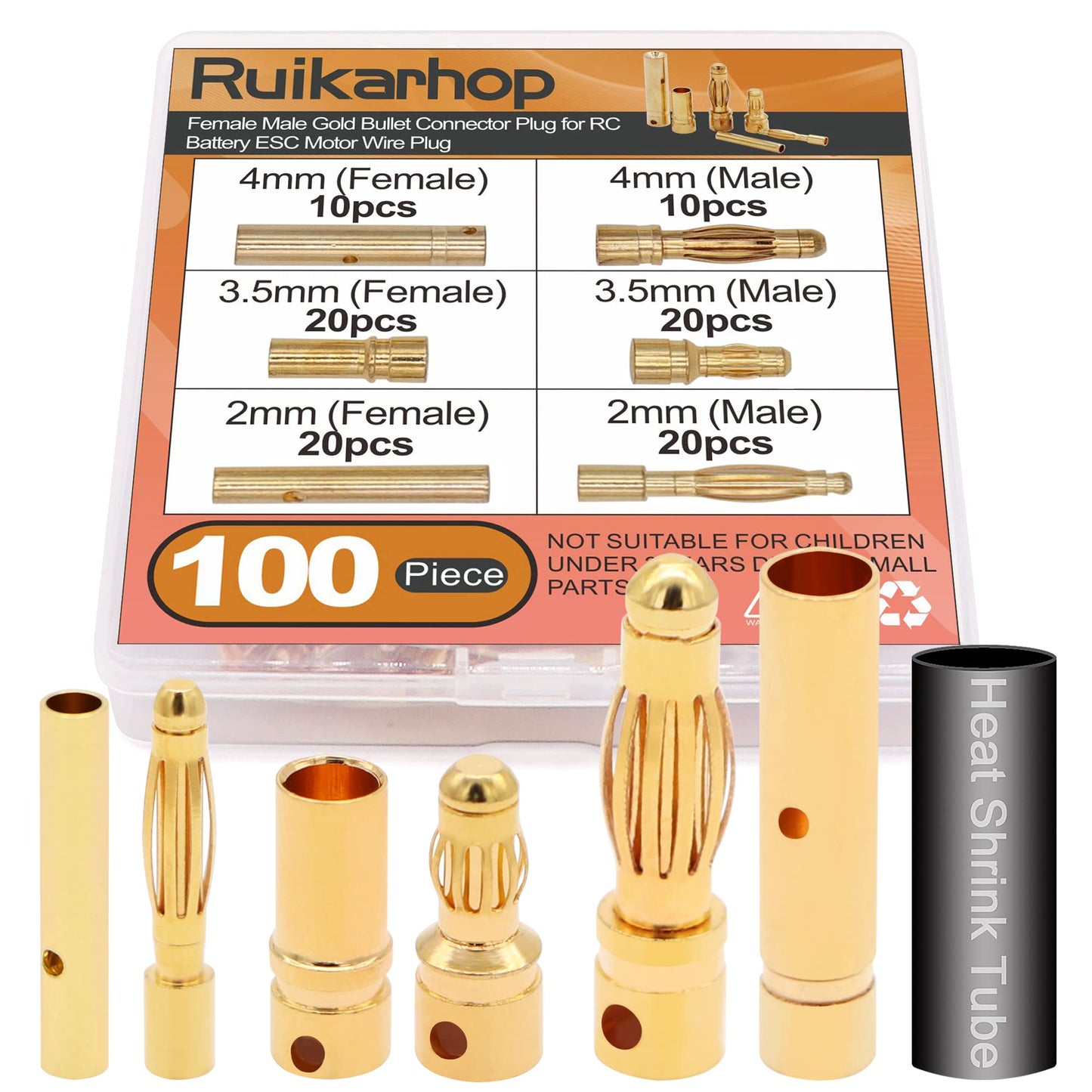 Ruikarhop 100 PCS RC Bullet Connectors 2mm 3.5mm 4mm Female Male Gold Banana Bullet Connector Plug with Heat Shrink Tube