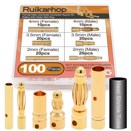 Ruikarhop 100 PCS RC Bullet Connectors 2mm 3.5mm 4mm Female Male Gold Banana Bullet Connector Plug with Heat Shrink Tube
