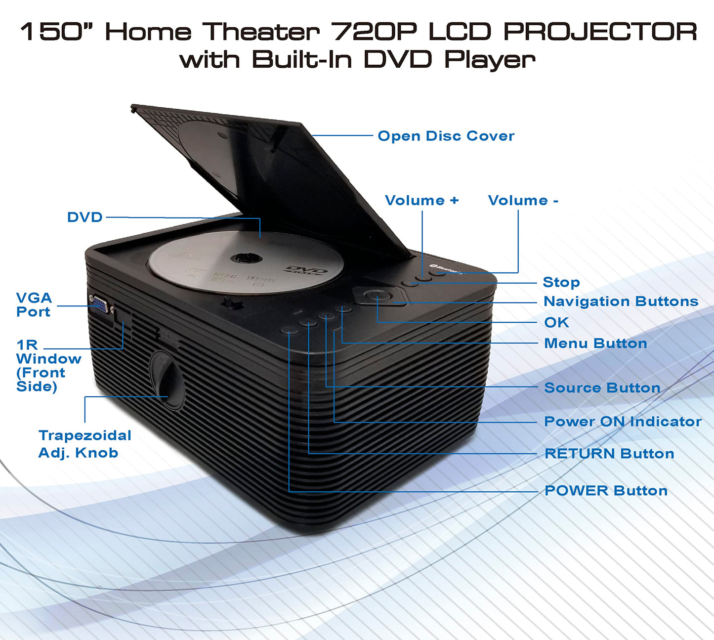 Naxa Electronics NVP-2500 150-Inch Home Theater 720p LCD Projector with Built-in DVD Player and Bluetooth