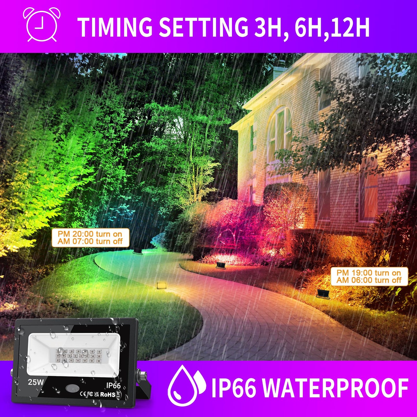Upgraded LED Flood Light Outdoor 25W 4 Pack, DIY Color Changing Christmas Lights Outdoor Patio Floodlights with Remote, IP66 Waterproof RGB Spot Light