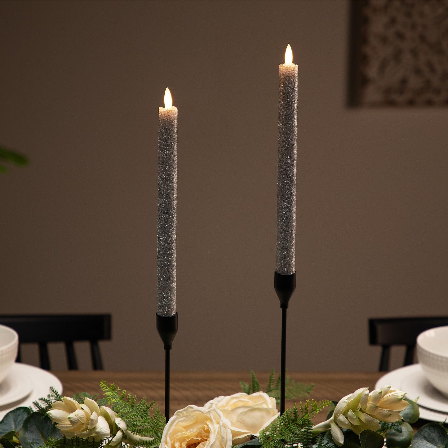Northlight LED Flameless Flickering Taper Glittered Christmas Candles - 11" - Silver - Set 2