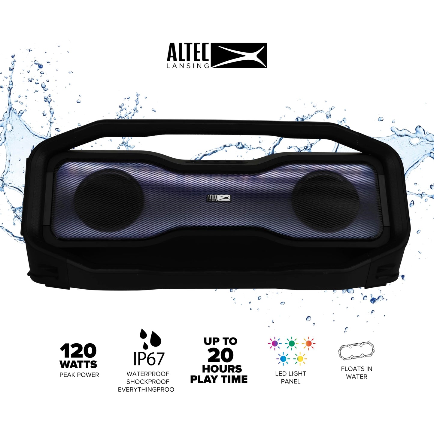 Altec Lansing Rockbox 2.0 Portable Bluetooth Wireless Speakers with Led Lights, IP67 Waterproof and Durable for Outdoor, 20 Hours Battery with App