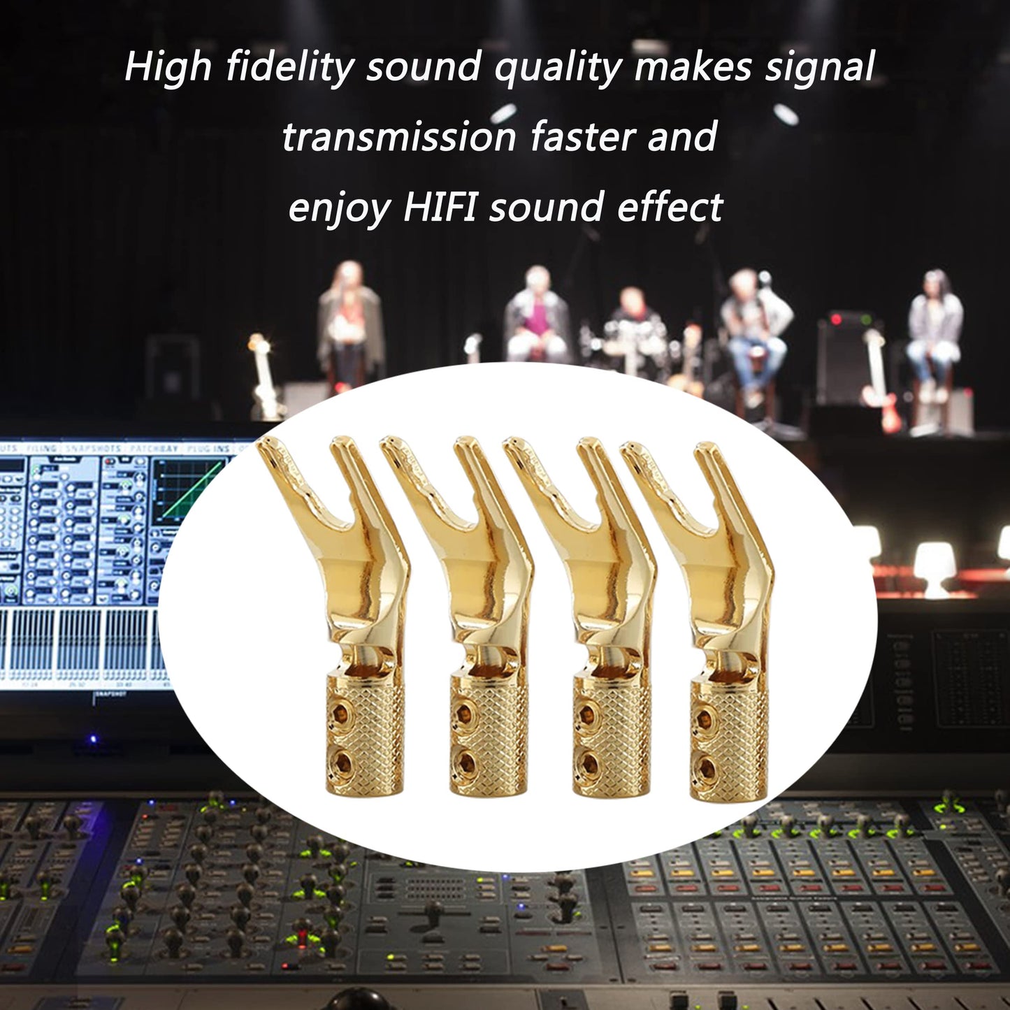 Tertullus 8 Pcs Speaker Spade Connectors Pure Copper Gold Plated Y Plug 45 Degree Screw Locking Adapter Fork Spade Plugs for Speaker Wire DIY(with