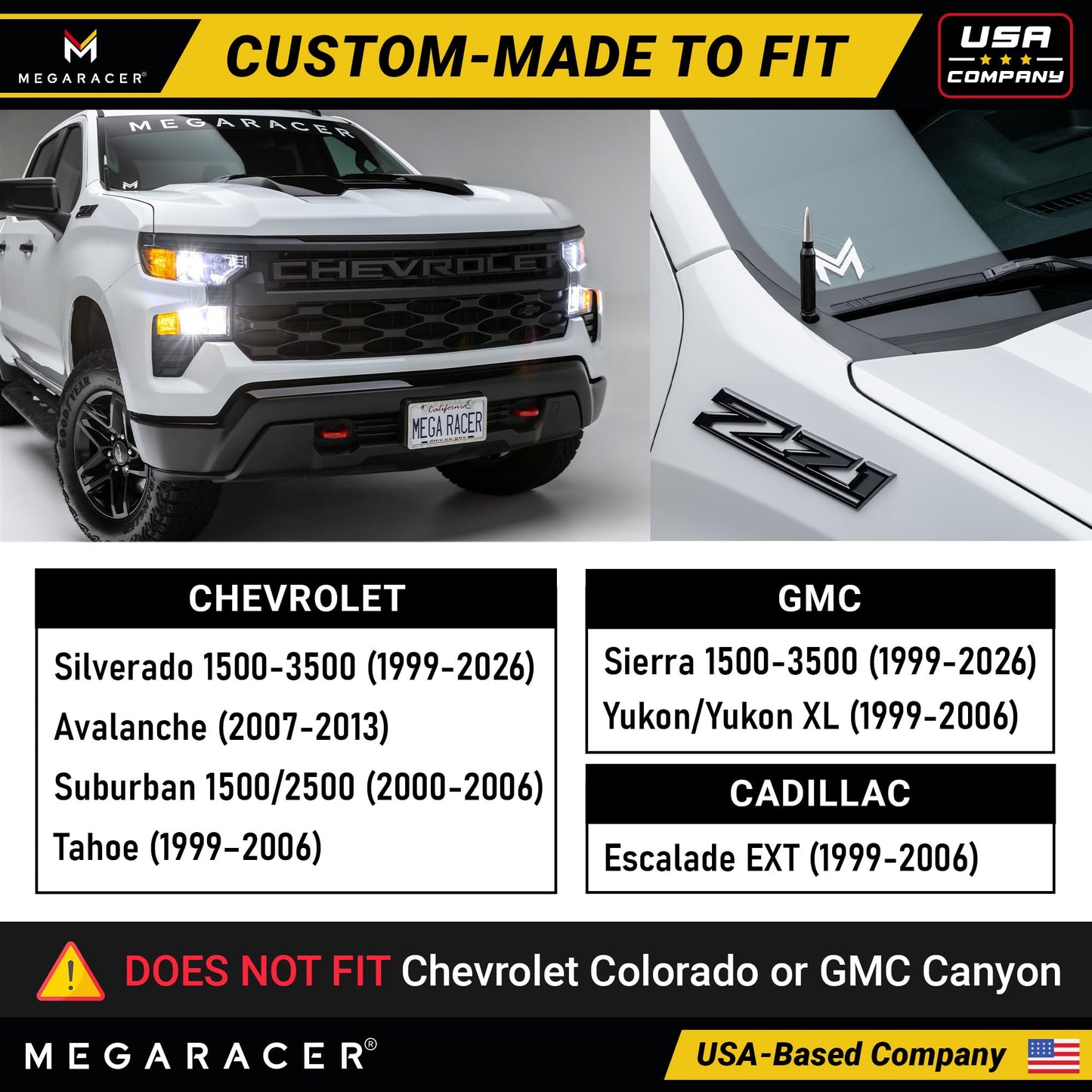 Anodized Silver Black 50 Cal Bullet Antenna for Chevy Silverado & GMC Sierra 1500 2500 (1999-2026) - Rugged Billet Aluminum, UV & Chip-Resistant, Car