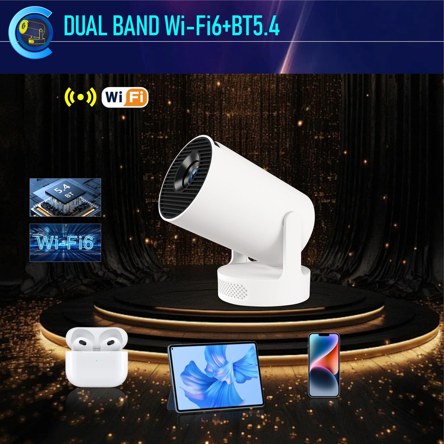 XIAOHUI Mini Projector, 2025 Portable Smart Projector with WiFi and Bluetooth, 1000 Lumens, 150-inch Display, LCD LED Technology