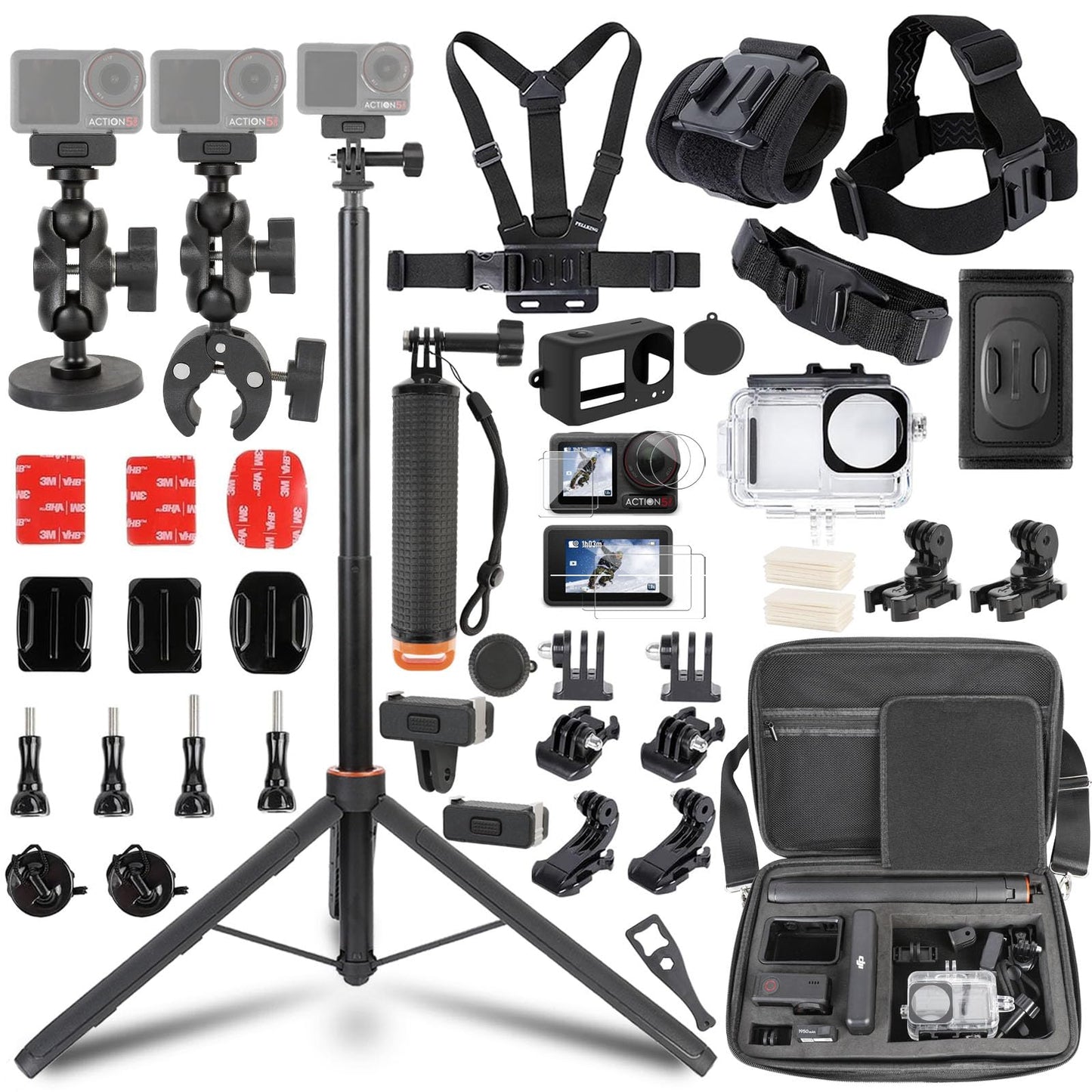 PellKing Accessories Kit for DJI Osmo Action 5pro/4/3,Carrying Case with Belt 135cm Selfie Stick Tripod Waterproof Housing Floating Handle Grip