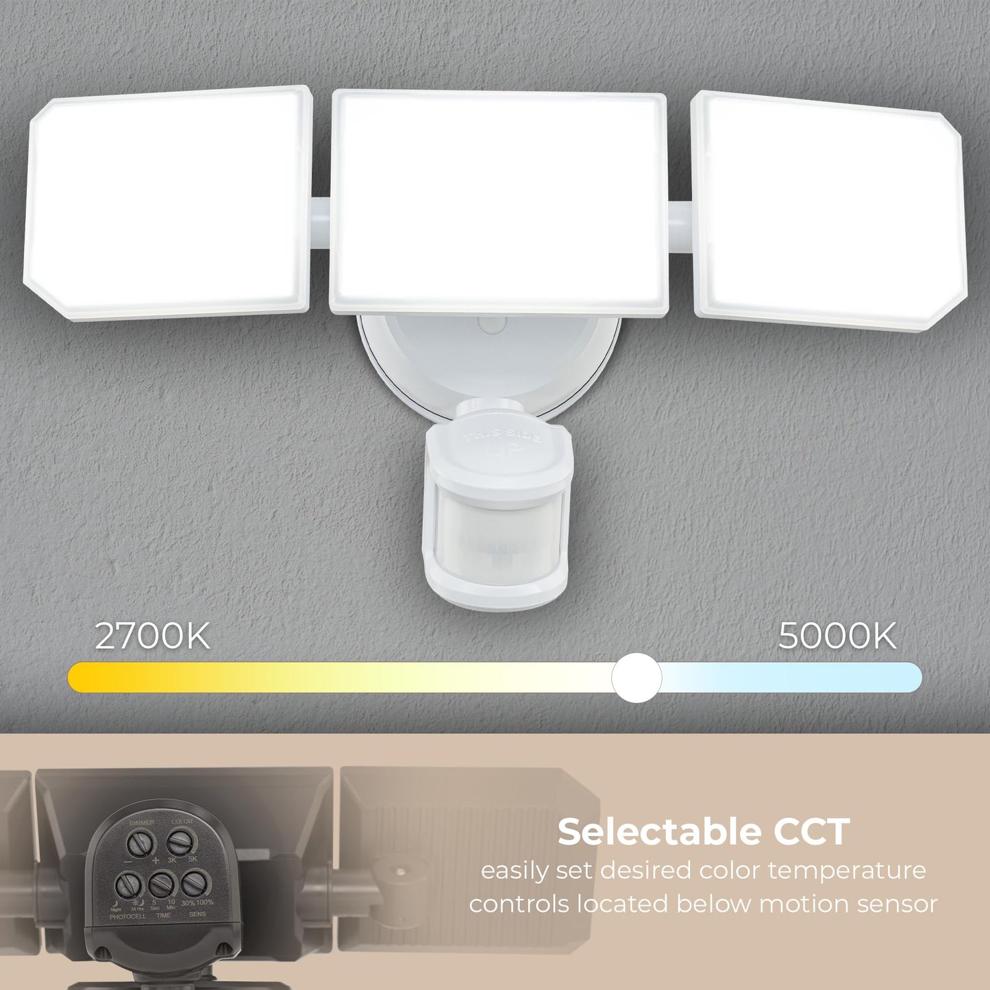 East Grove Home Guardian Flood and Security Wall Light with 3 Lights 3,400 Lumens 30 Watts and Programmable Motion and Photo Sensor in White