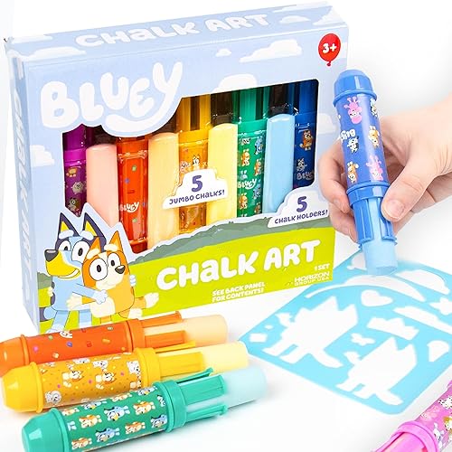 Official Bluey Chalk Art, 5-Pack, Vibrant Sidewalk Chalk For Kids, Includes 5 Chalks, Chalk Holders & Reusable Stencil, Outside Toys for Toddlers…
