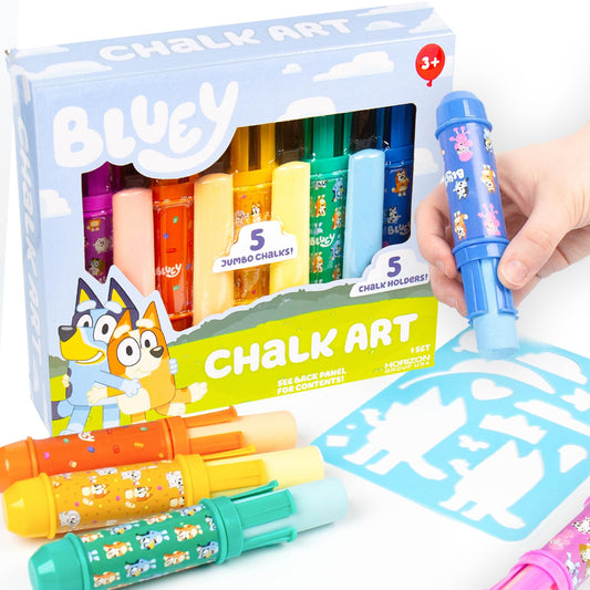 Official Bluey Chalk Art, 5-Pack, Vibrant Sidewalk Chalk For Kids, Includes 5 Chalks, Chalk Holders & Reusable Stencil, Outside Toys for Toddlers…