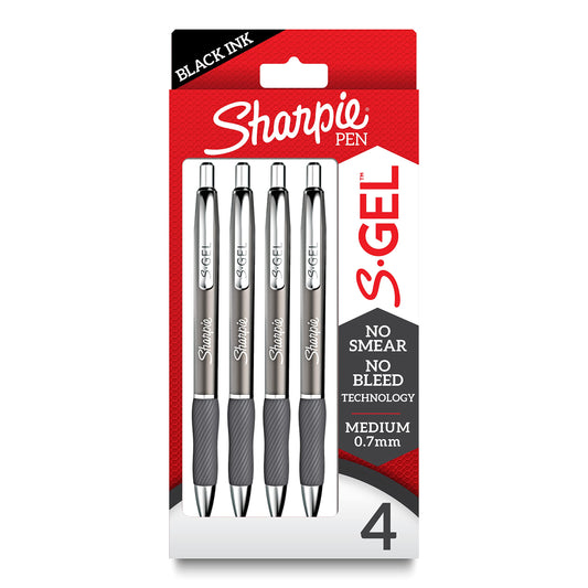 Sharpie S-Gel Pens, Sleek Metal Barrel, Gunmetal, Medium Point (0.7mm), Black Gel Ink, 4 Count