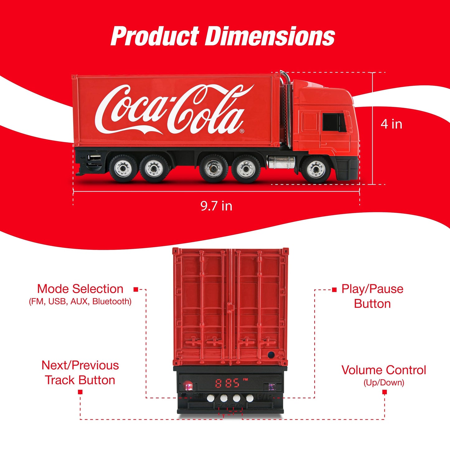 Coca-Cola Truck Replica Bluetooth Speaker with Deep Bass | USB, AUX, FM Radio, TF Card, and MP3 Compatibility Perfect for Home, Office or Group Party