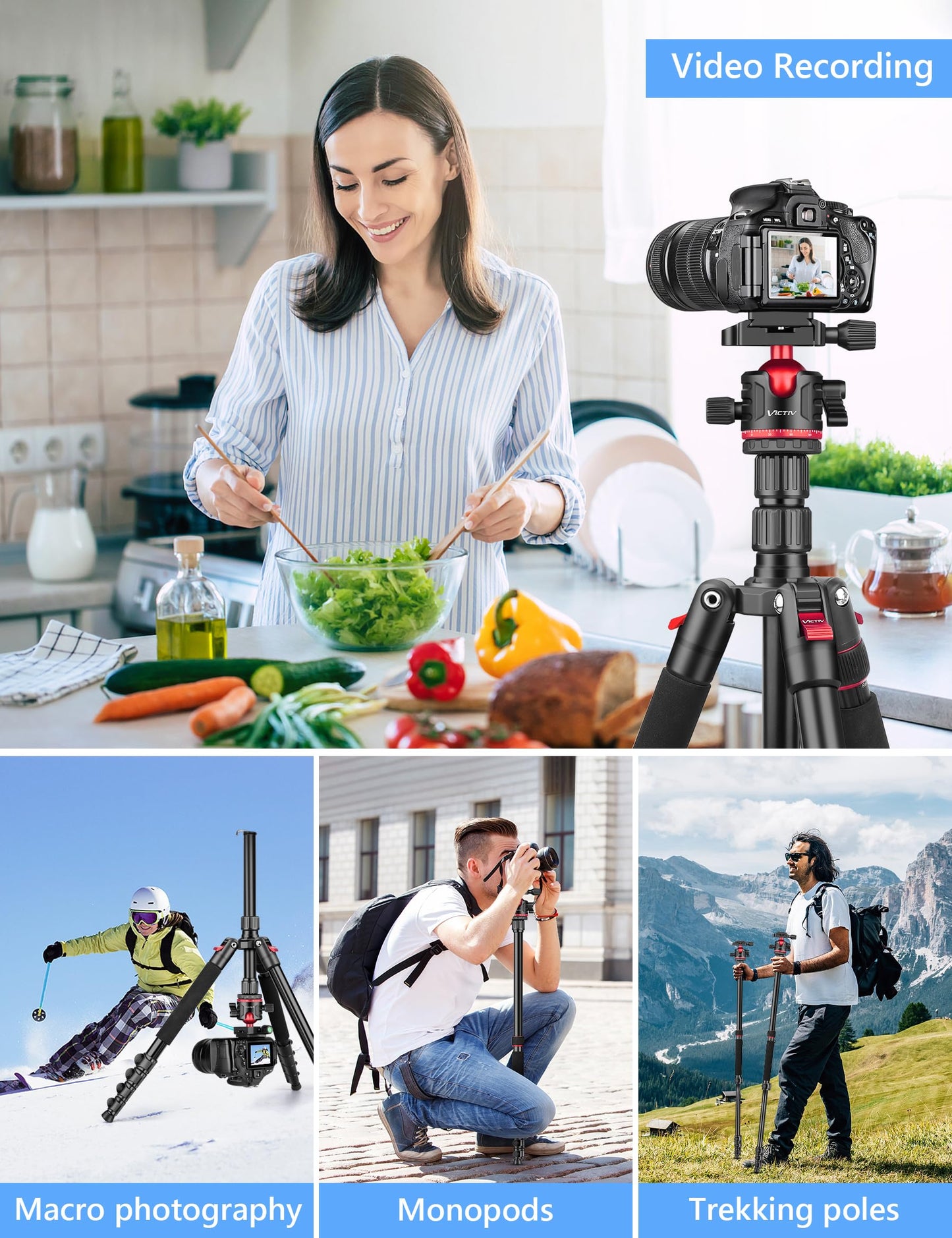 78" Porfessional Tripod for Camera, Victiv Aluminum Camera Tripod Monopod for DSLR, Spotting Scope,Telescope, Binoculars, Compact Heavy Duty Camera