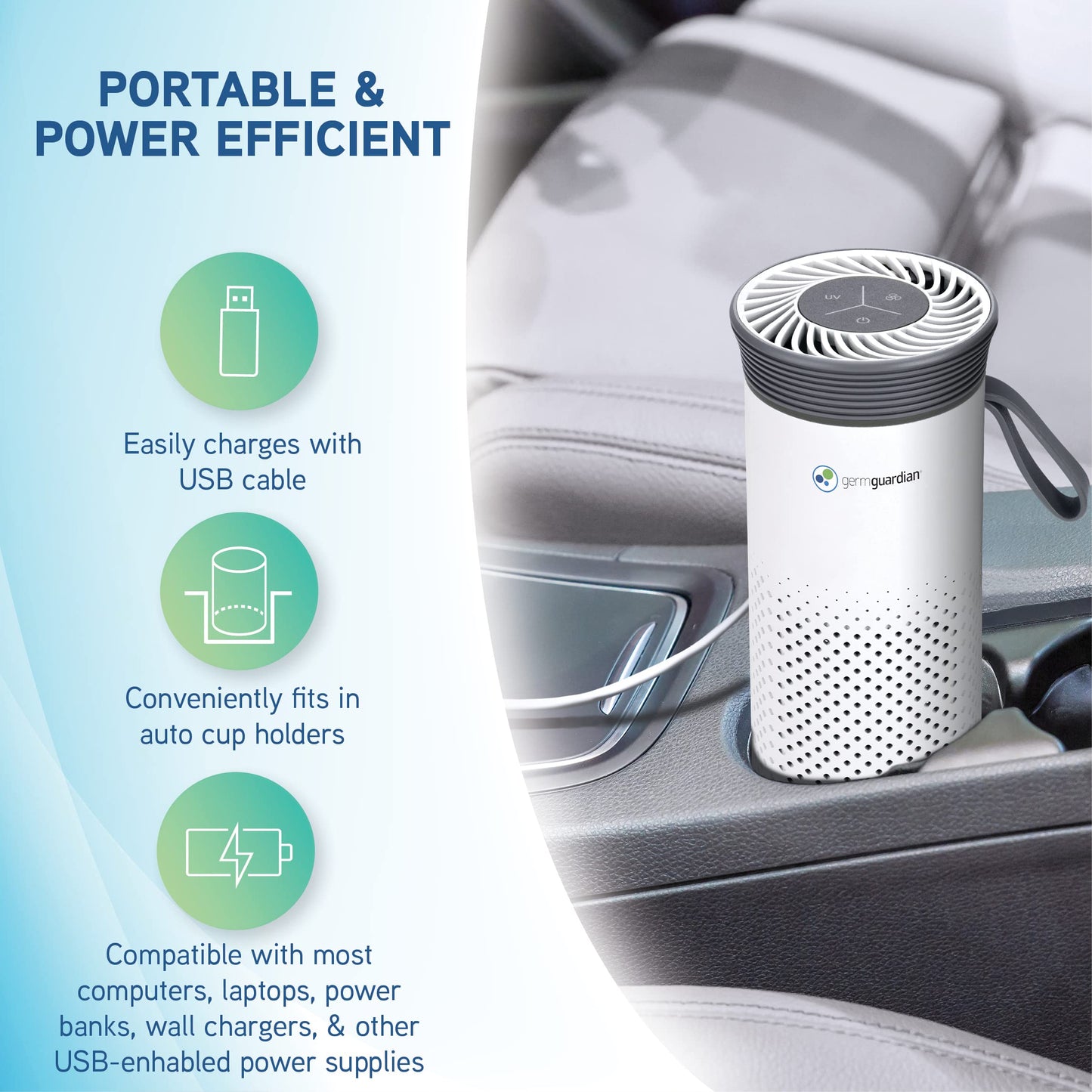 GermGuardian Portable Allergen Air Purifier for Small Spaces with USB Cable, Captures Dust, Pollens, Mold Spores, UV-C Light Helps Reduce Germs, 7”