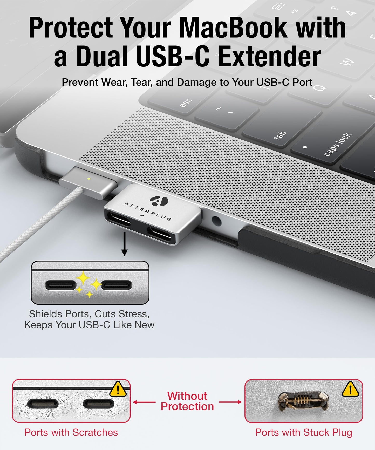 Afterplug Dual USB‑C Extender for MacBook with Case, 2-Port Pass‑Through Adapter for Thunderbolt 5/4/3 & USB4 - 240W PD, 8K Video, 80Gbps Data…