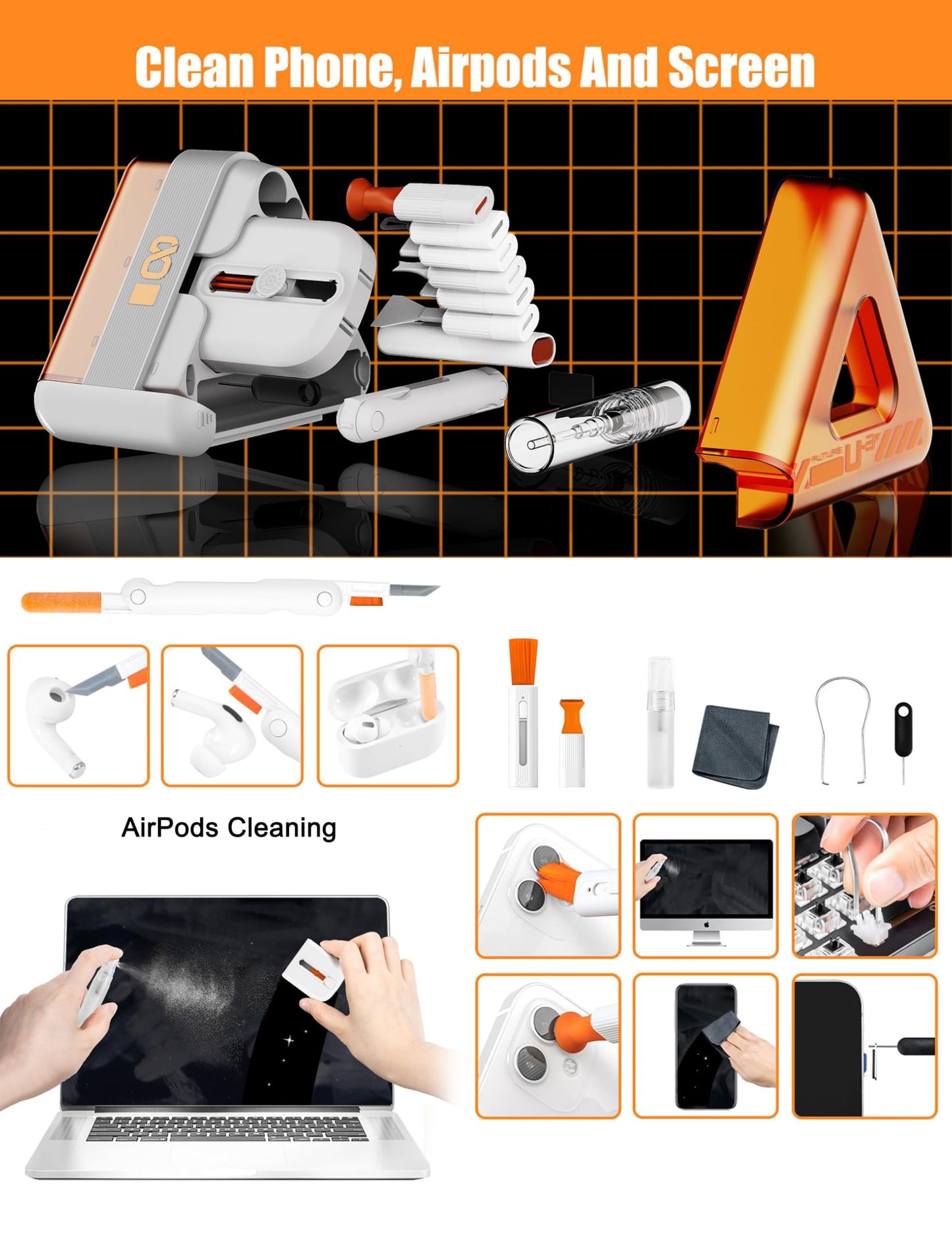 Laptop, Phone, and Electronics Cleaning Kit with Spray, Microfiber Cloth, Brush, 21 Tools (Triangle)