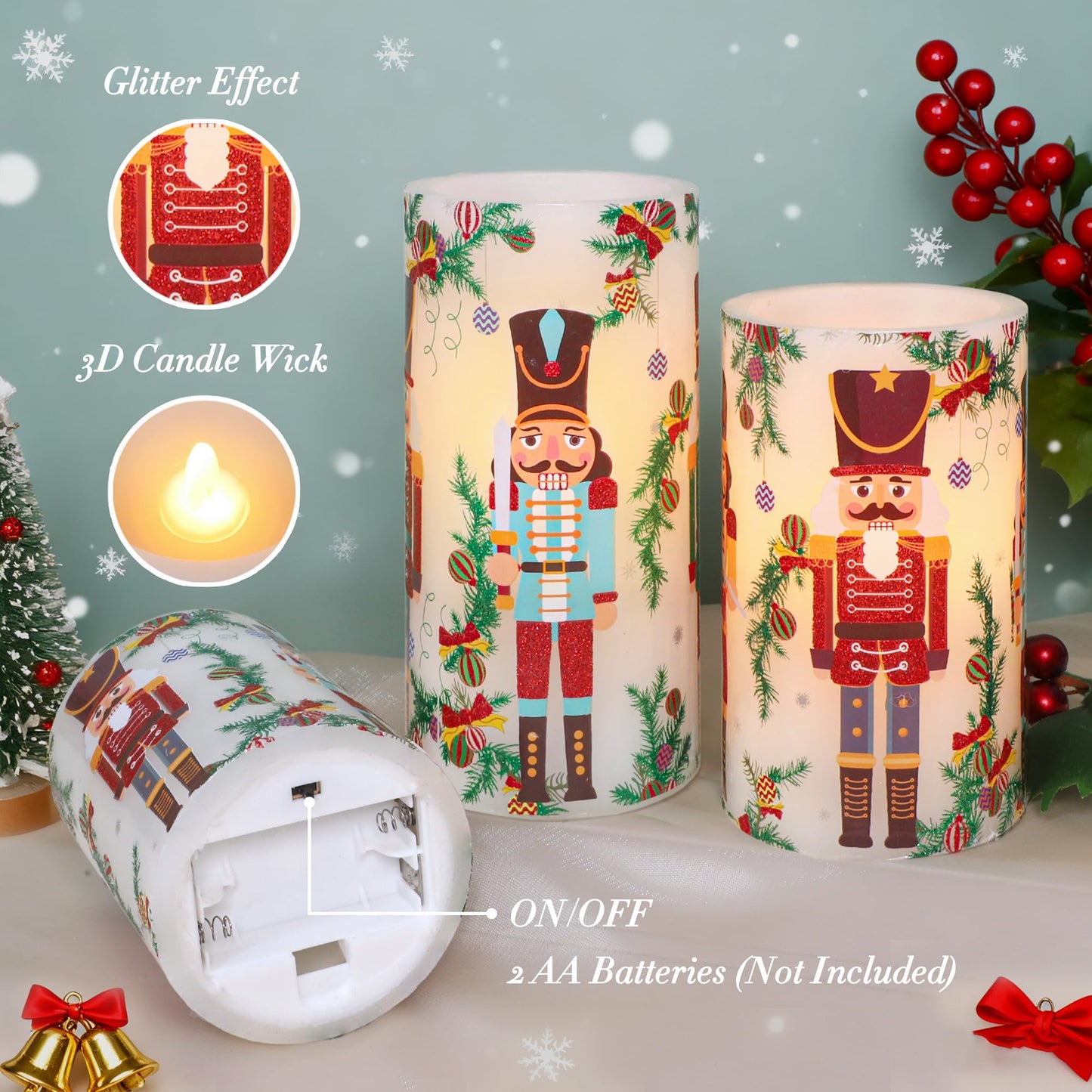 Crystal Club Christmas Flameless Candles Battery Operated, Holiday Nutcracker LED Candles with Remote, Realistic Pillar Candles for Xmas Tree, Mantel