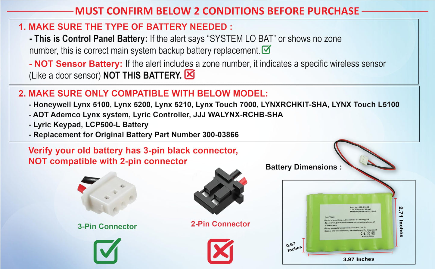 Replacement Battery 3700mAh 300-03866 LCP500-4B for Honeywell Lynx 5100 5200 5210 5300 Plus Lynx Touch 7000 Security Alarm System Lyric Keypad