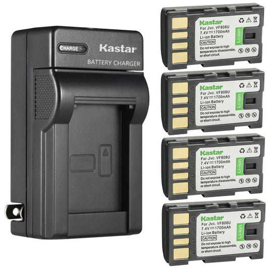 Kastar 4-Pack BN-VF808 Battery and AC Wall Charger Replacement for JVC GZ-MG330R GZ-MG330RUS GZ-MG330S GZ-MG330US GZ-MG335 GZ-MG335H GZ-MG335HUS