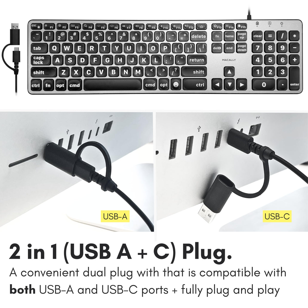 Macally Wired Keyboard for Mac (USB C + A) - Large Print and Backlit for Apple - 107 Key Full Size Large Letters USB C Keyboard for MacBook Pro/Air