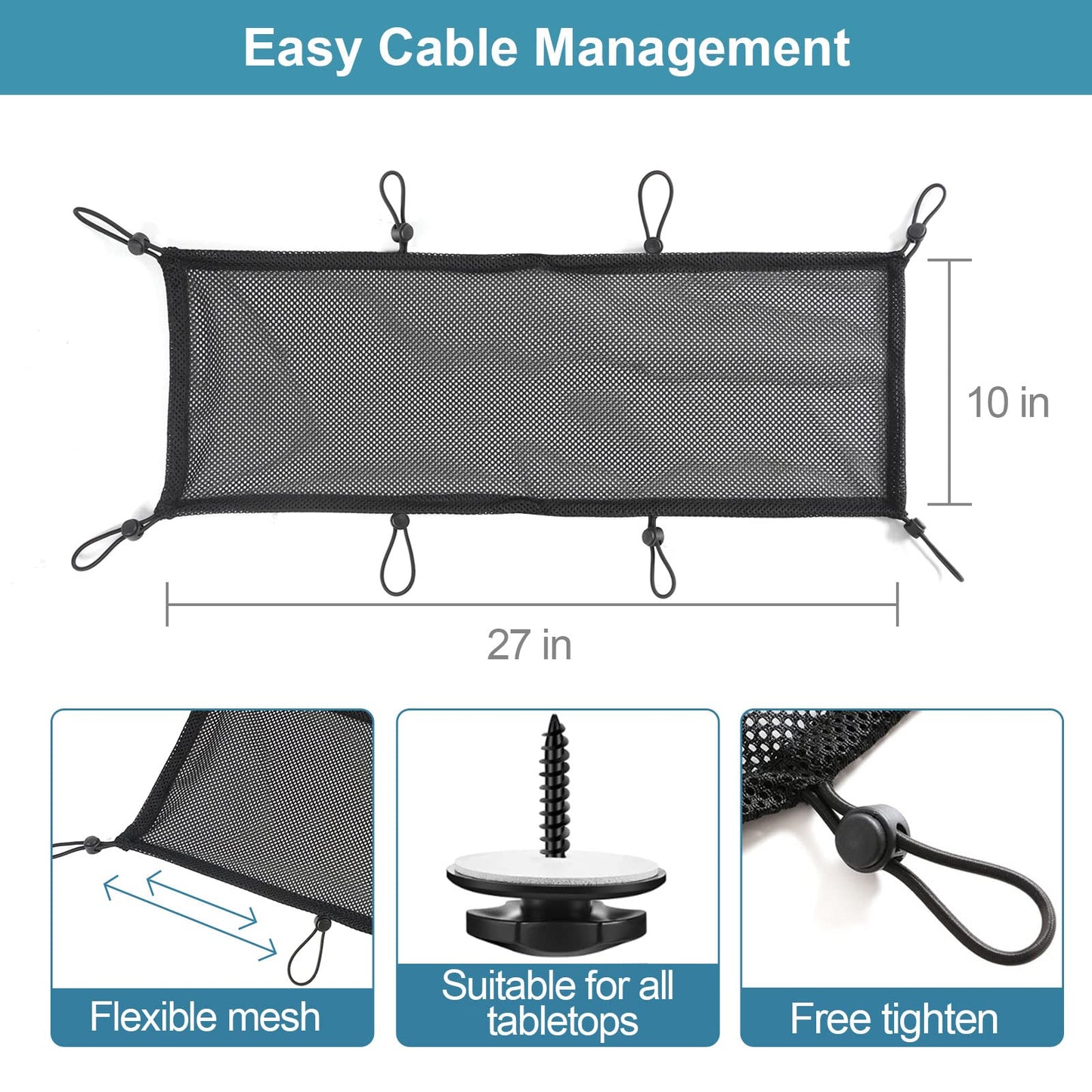 Under Desk Cable Management Net, 36PCS Under Table Cord Management Mesh Organizer Flexible Wire Hiders, Extra Large Capacity Wire Management Kit Under