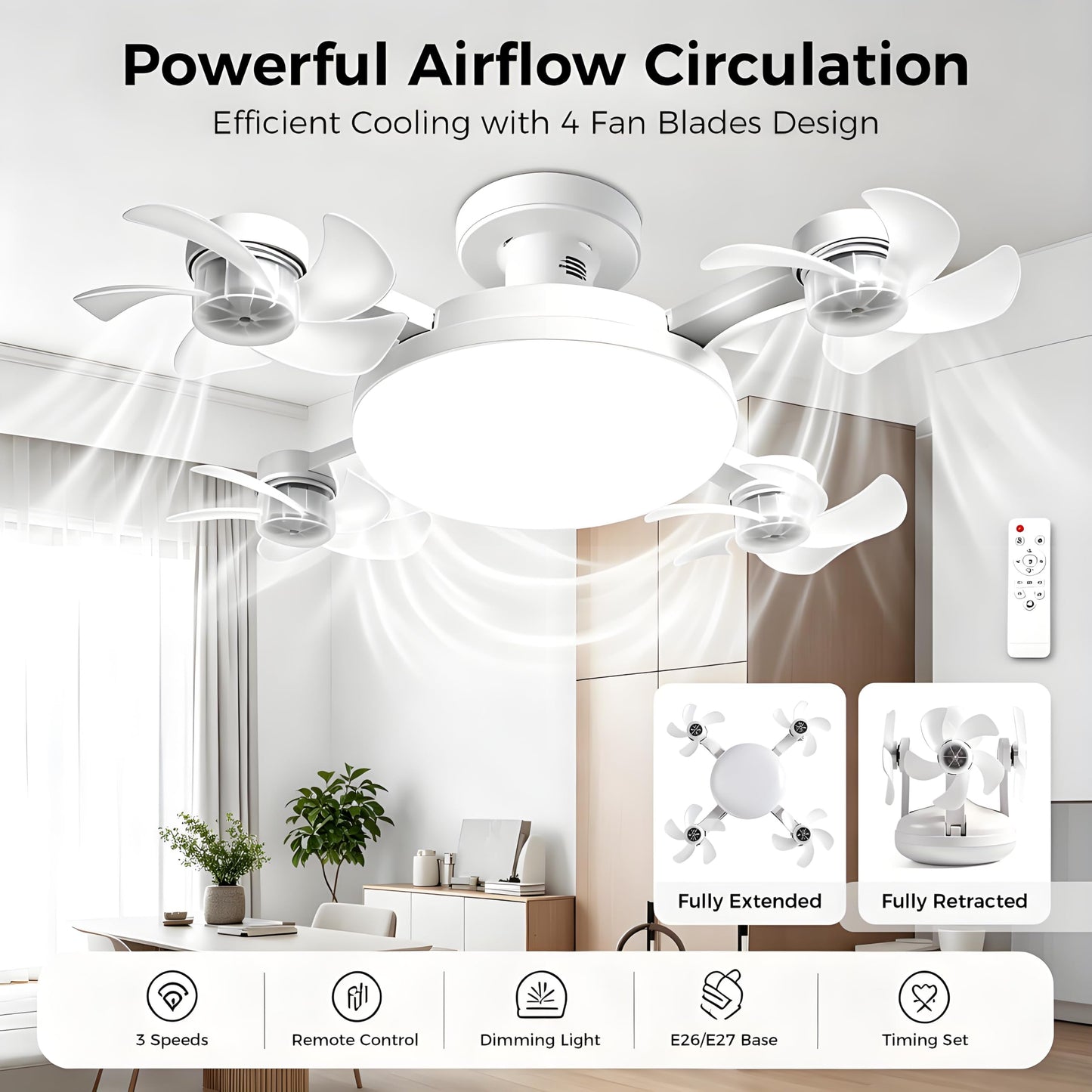 Ceiling Fan Light, Remote Control 3 Speeds Fan with LED Light 3 Color