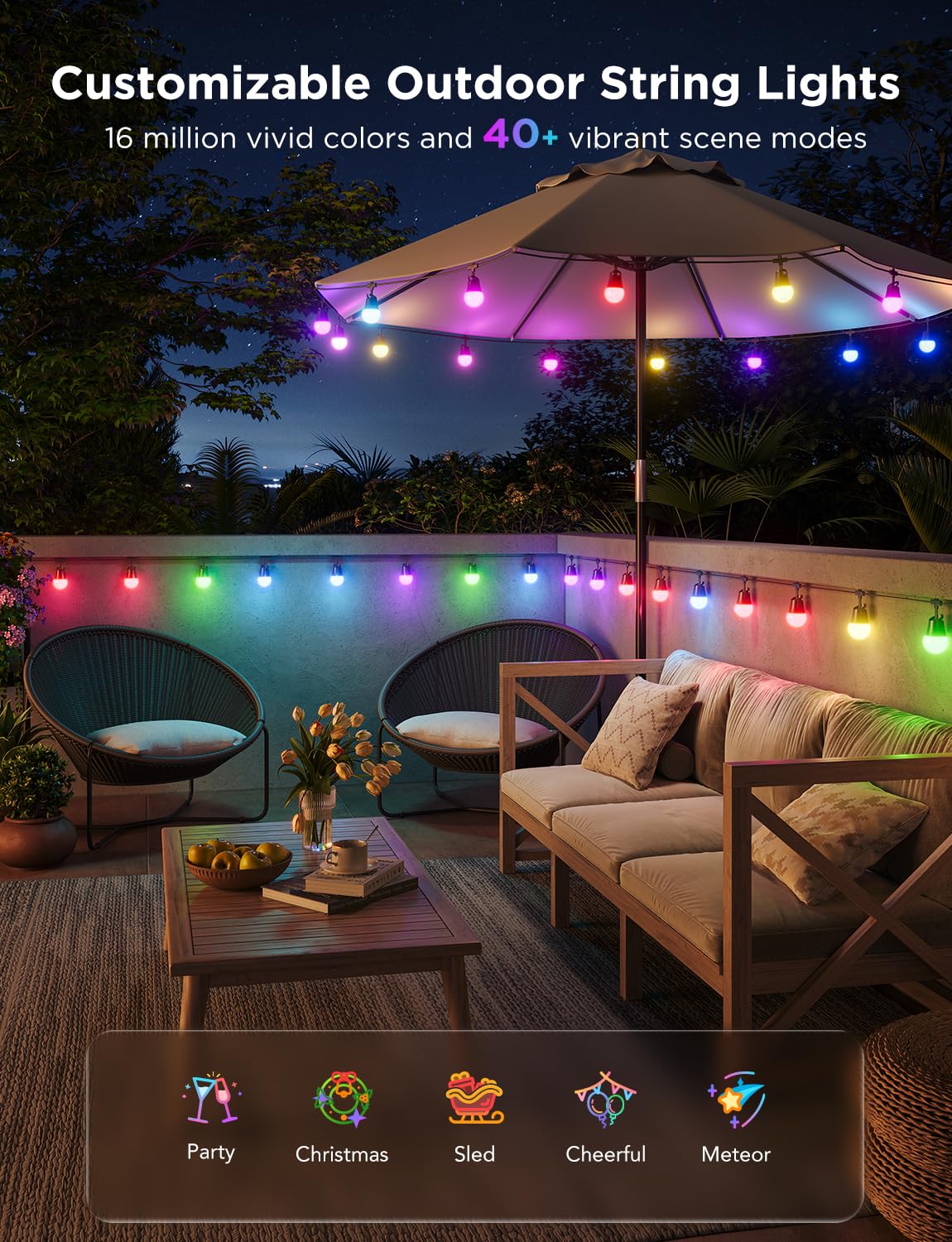 Govee Smart Outdoor String Lights 2, 144ft Outdoor Lights with Dimmable Warm White LED Bulbs, 47 Scene Modes for Patio, Backyard, Balcony, IP65