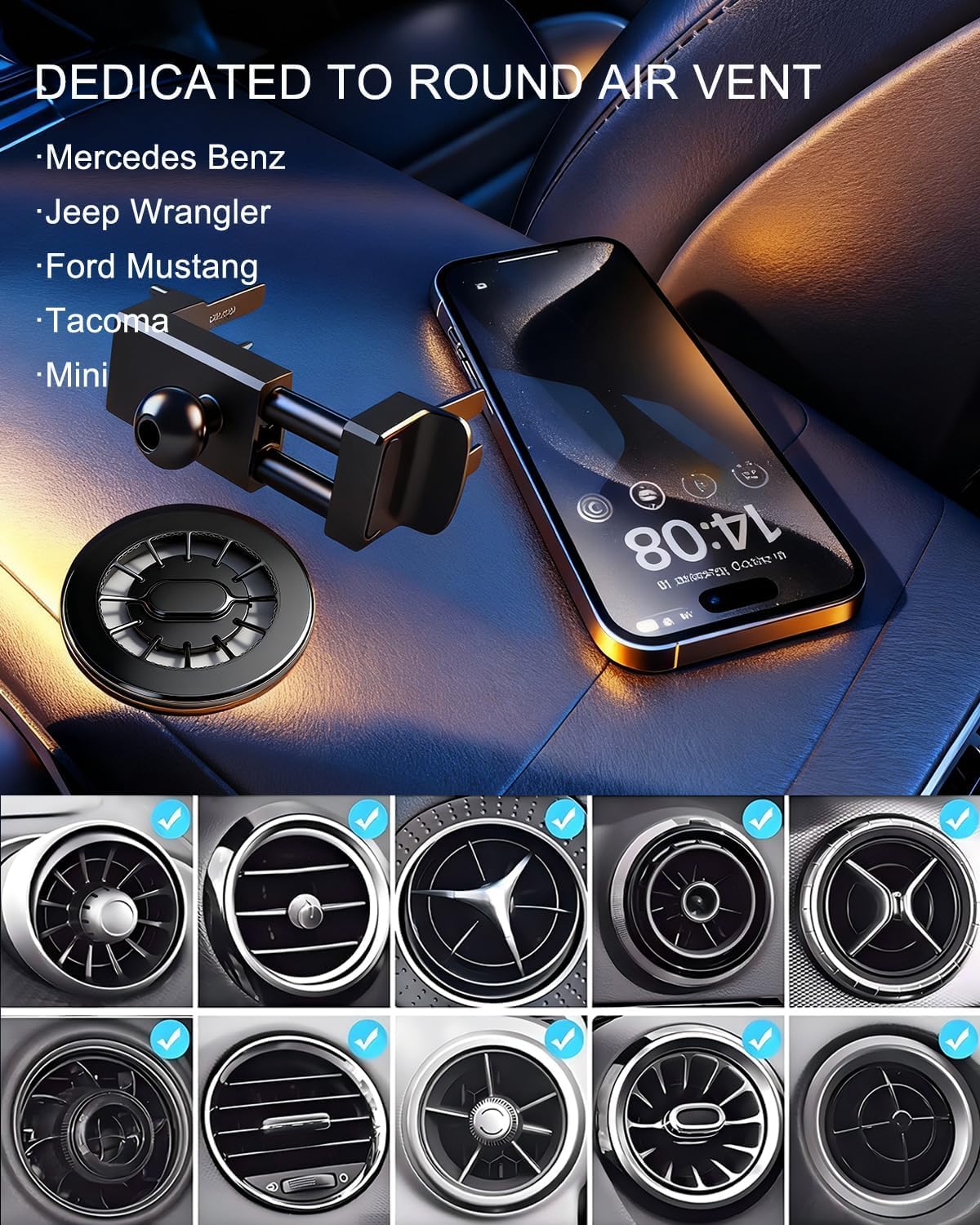 dlfcizlsl MagSafe Car Mount for Mercedes-Benz, Round Air Vent Holder with Strong Magnet, Compatible with Mercedes Benz GLC, C, E, B, A-Class